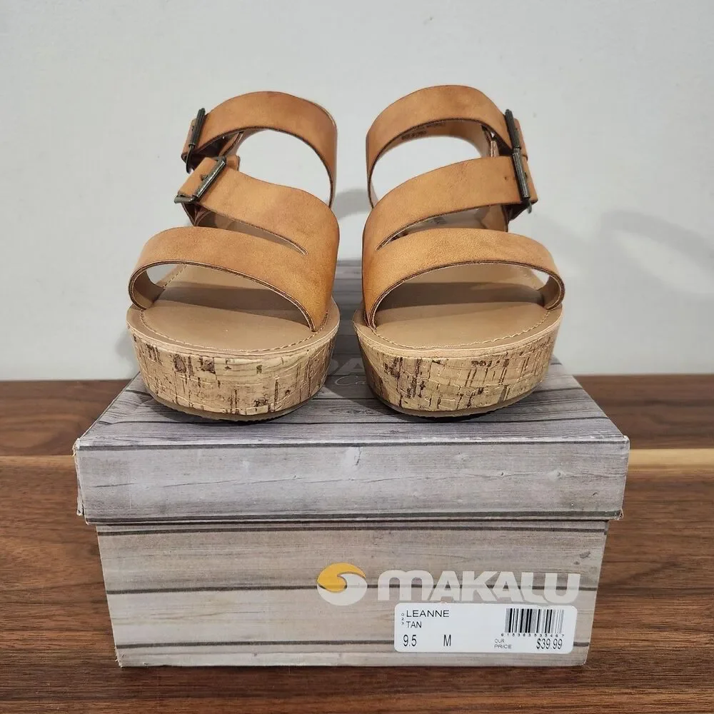 Makalu Womens 9.5 Leanne Cork Heeled Platform Wedge Faux Leather Sandal
